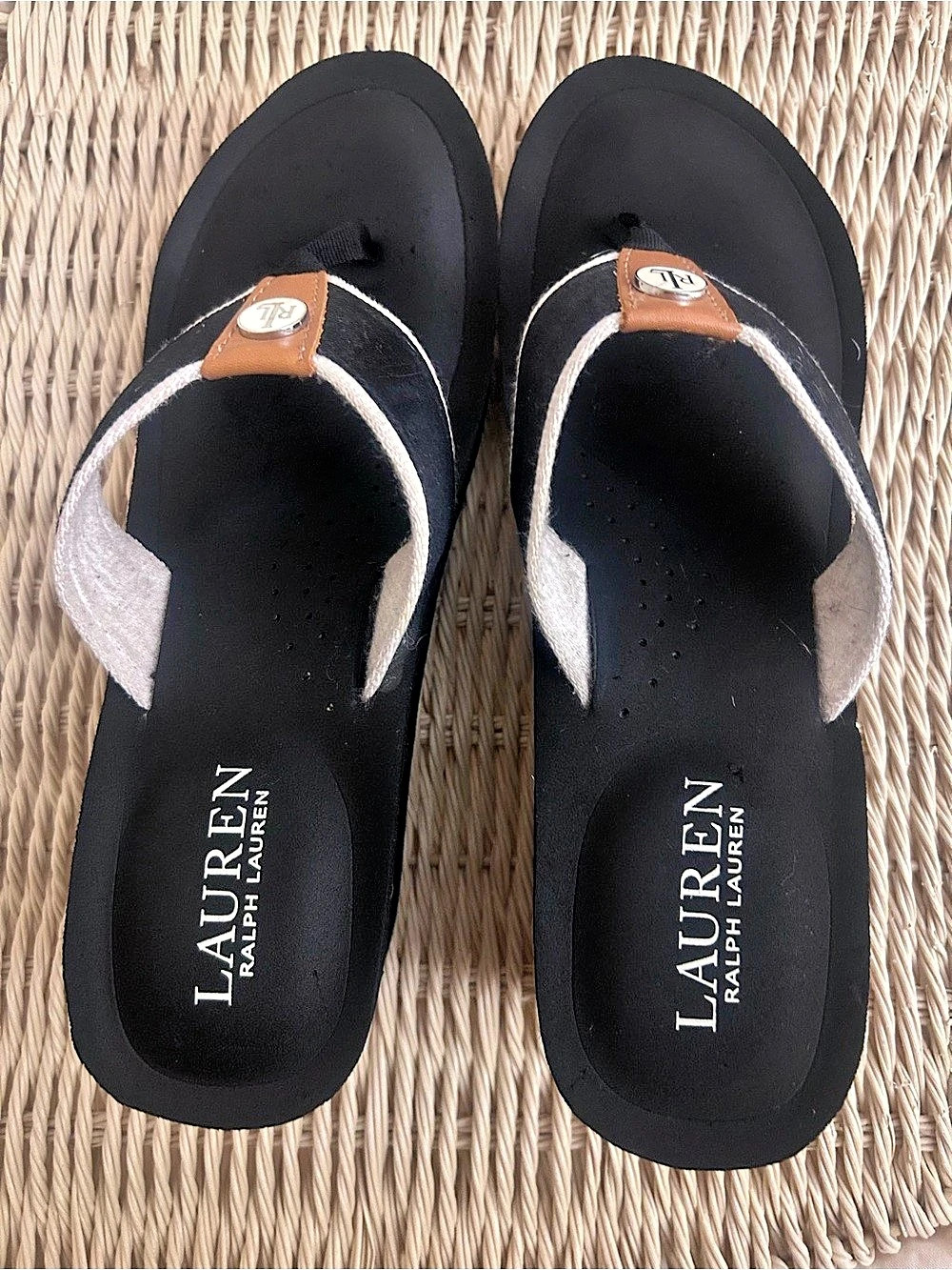Lauren Ralph Lauren Black & Silver Wedge Flip Flop Sandals